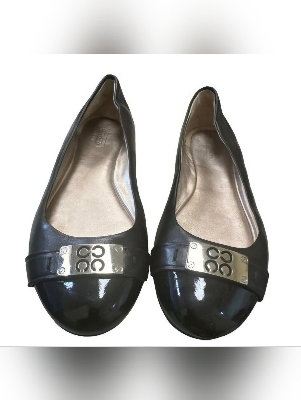 Coach Black Patent Leather Ballet Flats with Silver Logo Plaque